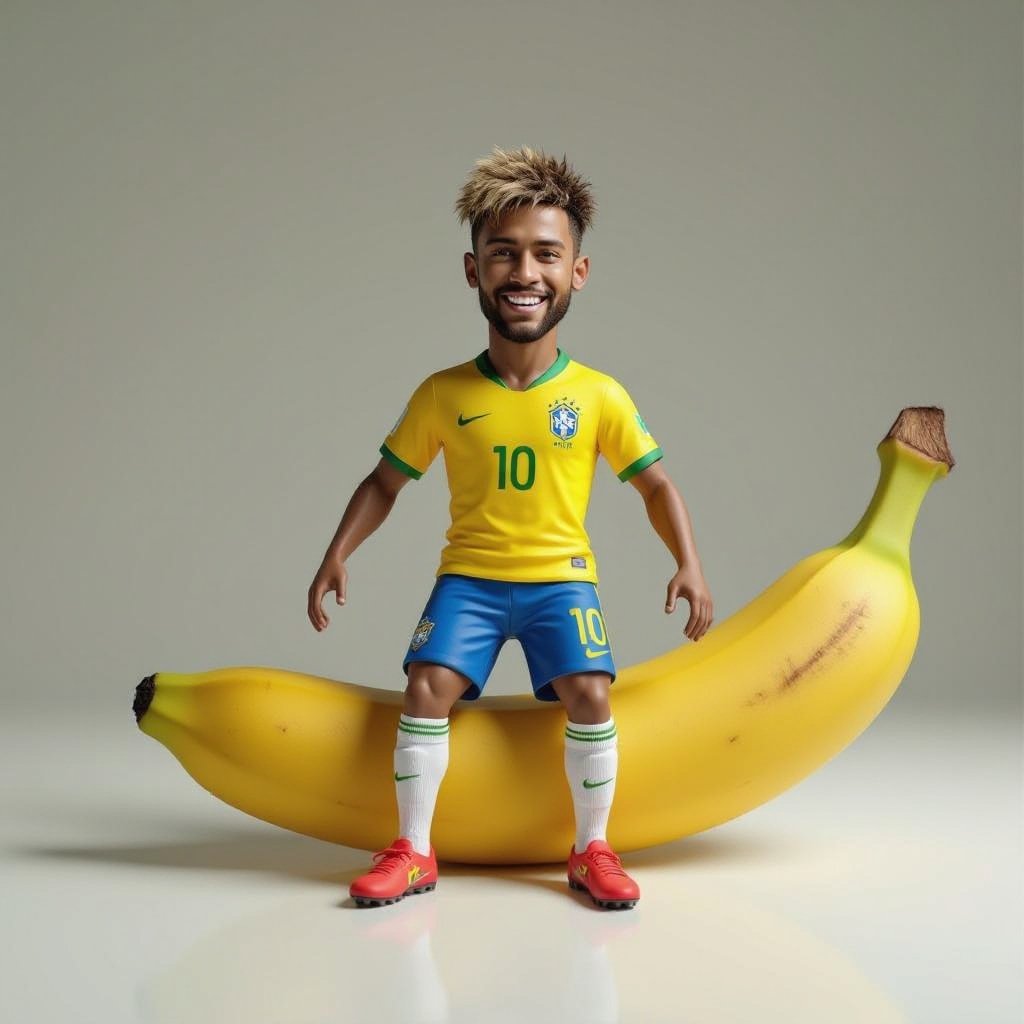 Uma banana com a cara do Neymar e com pernas