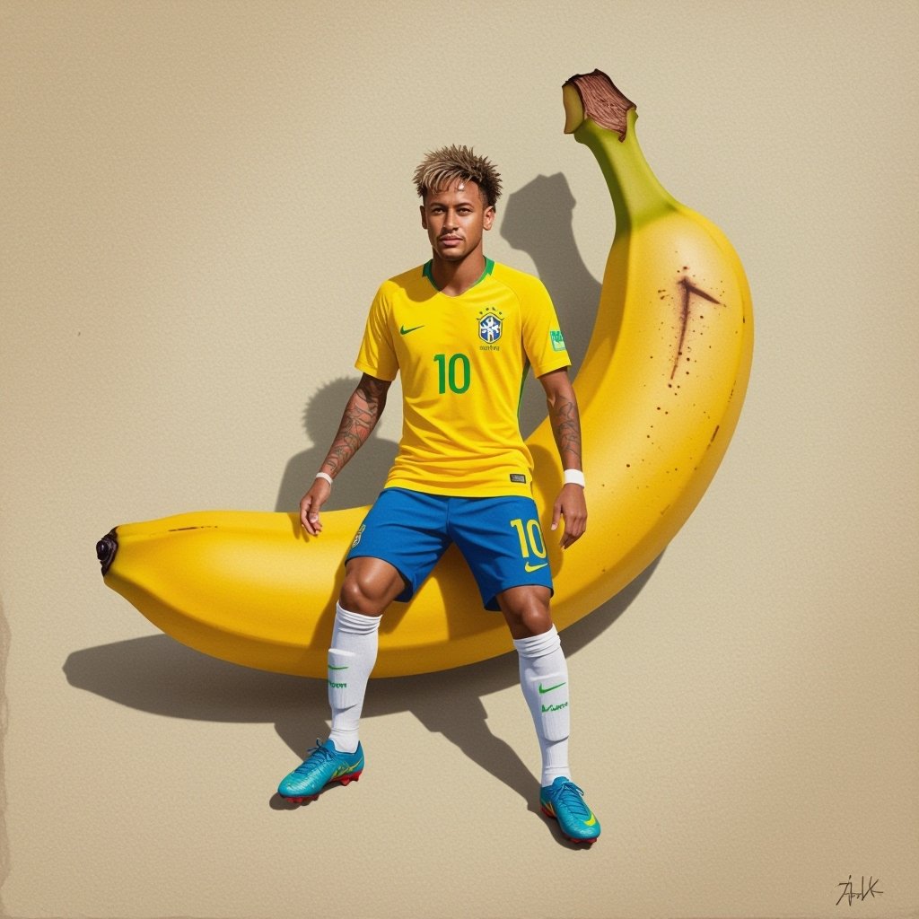 Uma banana com a cara do Neymar e com pernas