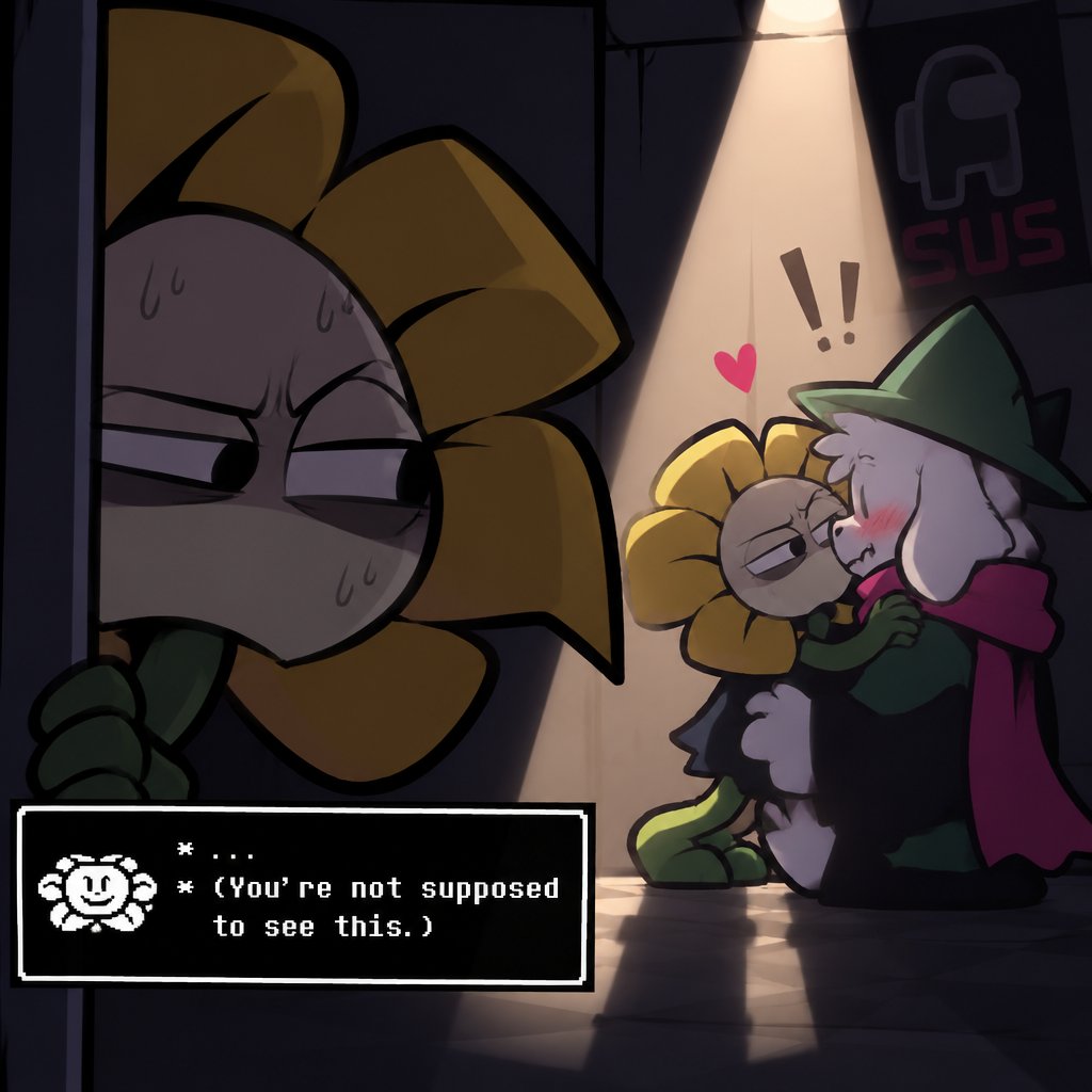 Pixel-art cartoon of a flower character hugging a smaller figure under a spotlight, with a text box.