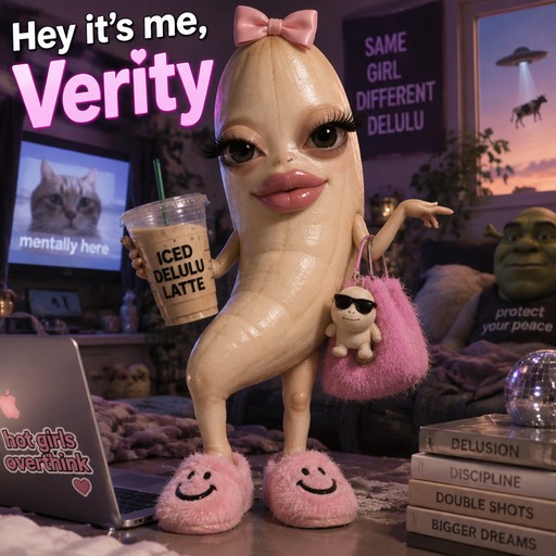 Surreal 3D character holding iced latte beside laptop and colorful desk objects