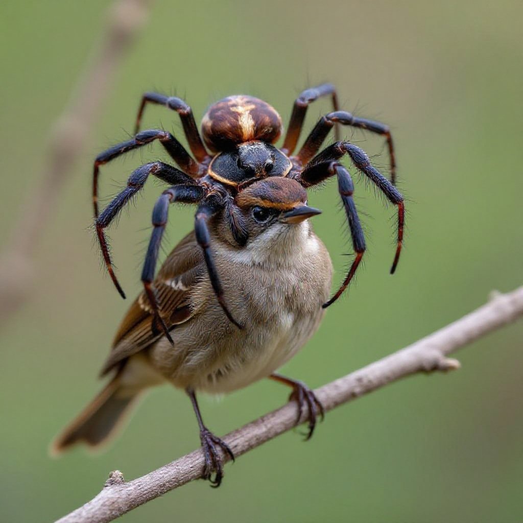 A bird that has a spidr as a head
