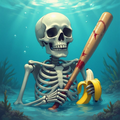 skeleton with broken baseballl bat in  the ocean+banana+said 