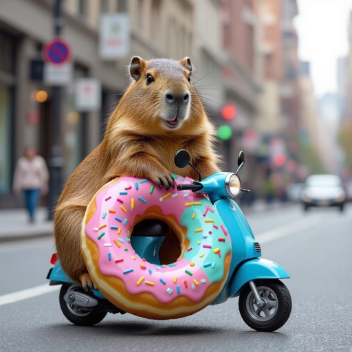 Capybara with donut body ride scooter in city