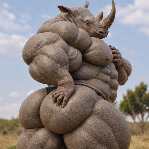 Surreal 3D-rendered rhinoceros-like figure with exaggerated rounded forms outdoors.
