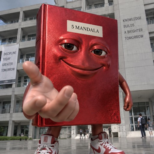 "sebuah buku berukuran b5 dengan sampul kertas merah metalic yang di tengah atas sampul buku terdapat sebuat stiker kecil bertuliskan ''5 MANDALA'', kemudian ada wajah dibawah stiker tersebut yang tersenyum, background dari gambar ini adalah sebuah gedung bertingkat beawarna abu terang, kemudian buat buku ini memiliki tangan seperti mengajak."