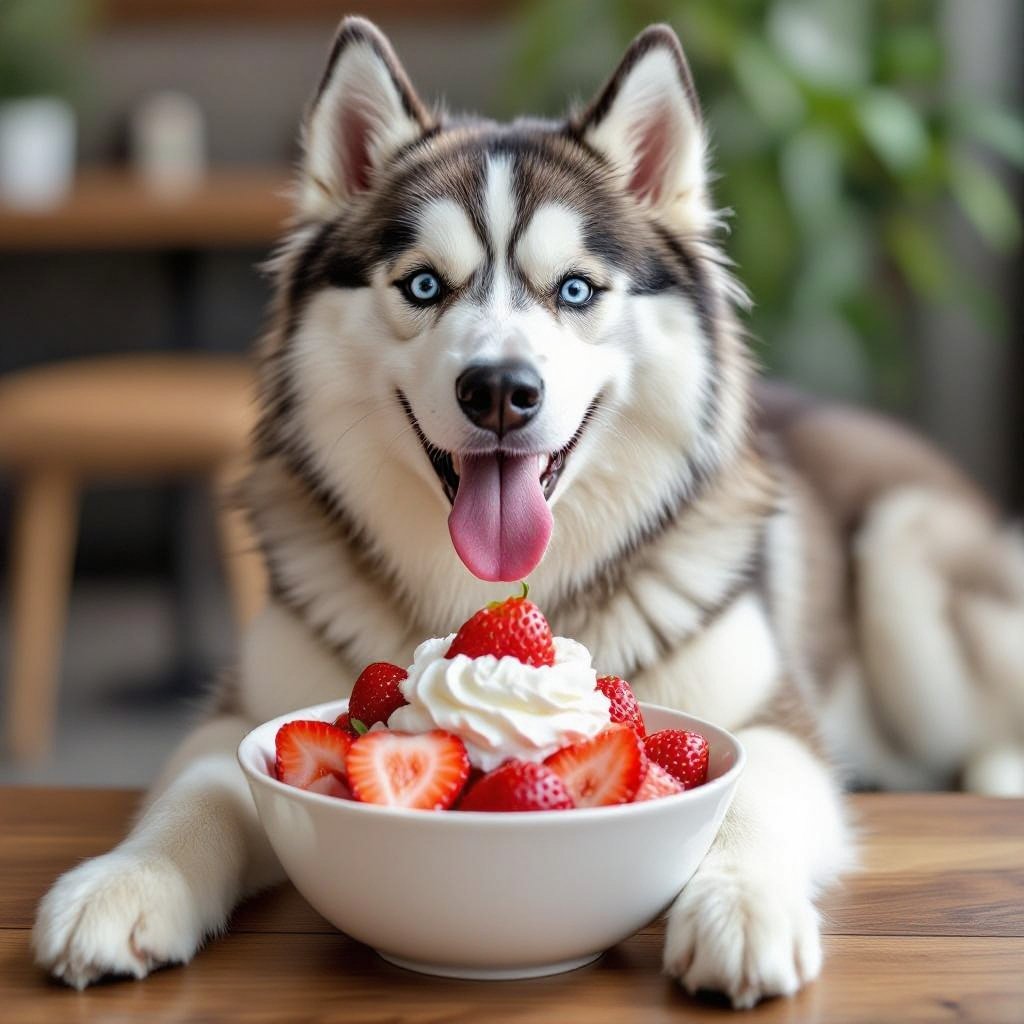 Make a husky eating a strawberry shortcake 