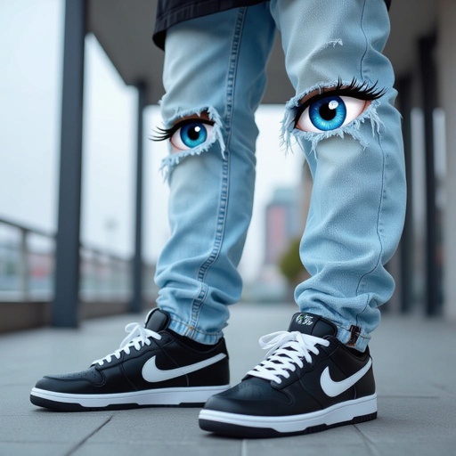 Un 67 celeste con tenis negras y ojos
