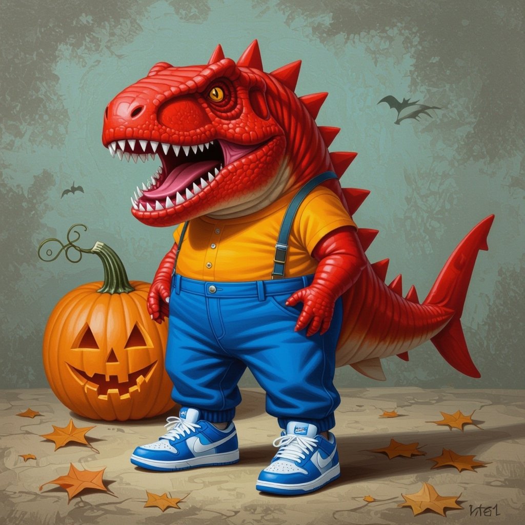 Una zucca con la testa di dinosauro rosso, la coda di uno squalo pantaloni blu e scarpe Nike blu