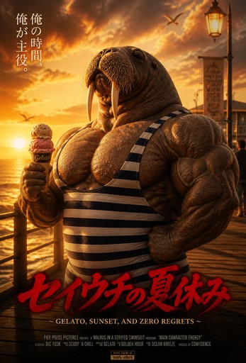 Anime-style muscular humanoid bear at sunset holding an ice cream cone.