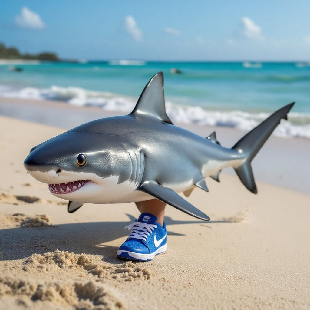 A shark walking on the beach with blue nikes and his name is trallro tralla