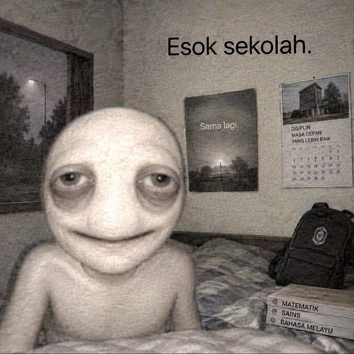 Surreal pale humanoid figure sitting in a dim bedroom with wall decorations