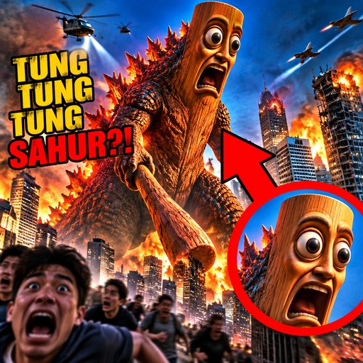 Cartoon giant tree-like creature amid burning city, panicked crowd, bold text and red arrow overlay
