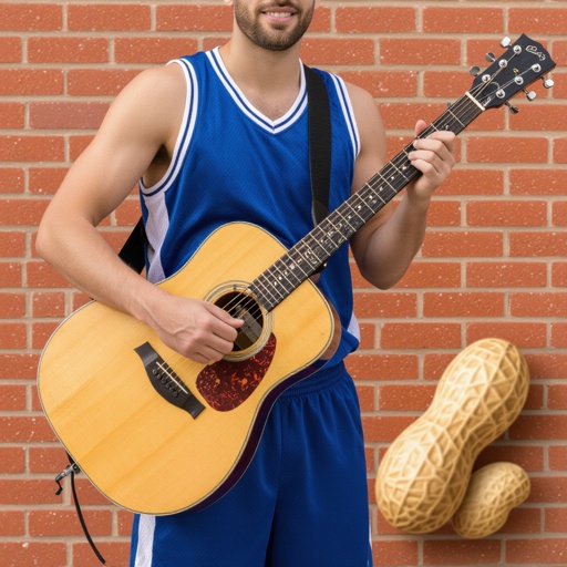 A basketball player holding a guitar and a peanut in the background