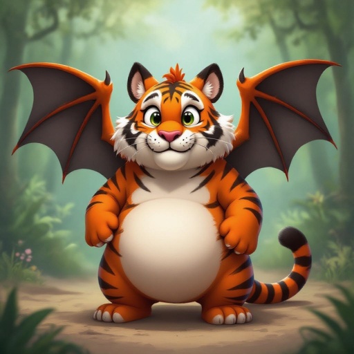 A red tiger with white stripes with black wings with a fat pop out belly