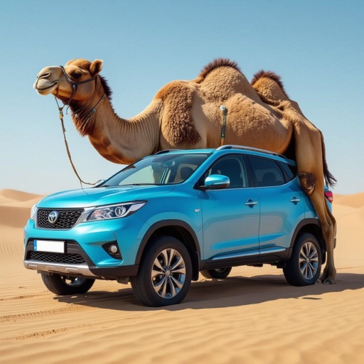 Camel with blue car body 6 camel leg in desert
