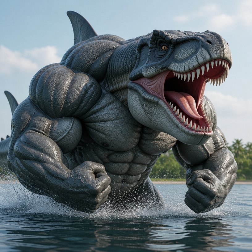 Muscular blue-gray dinosaur emerging from water in a realistic fantasy style