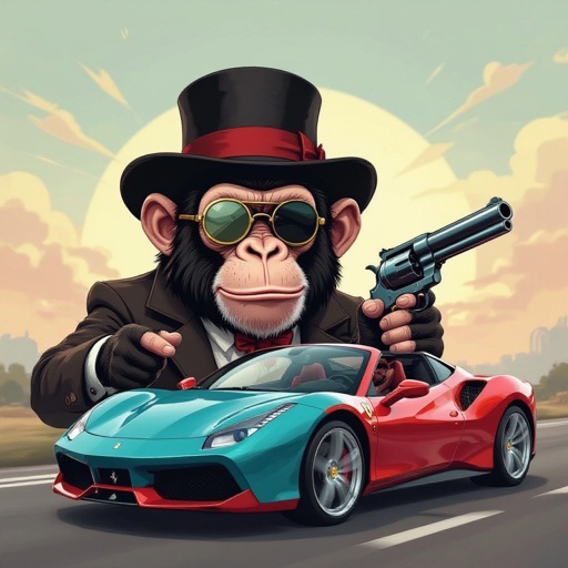 Scimmia che ha una revolver con monocolo e cappello d’epoca che guida una Ferrari