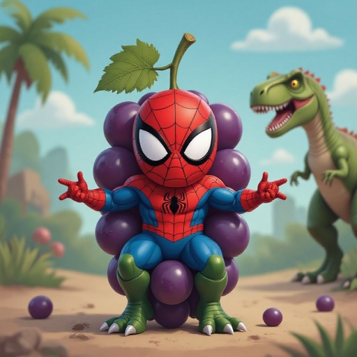 Uva con cara de spider-man con patas de tirex