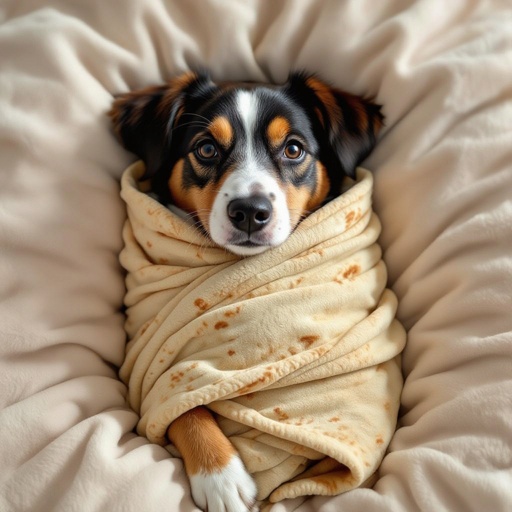 Um cachorro enrolado em um burrito