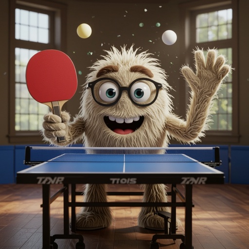 a live table tennis racket with a flying ball, two hairy praccias and two hairy legs, two eyes and a mouth and glasses