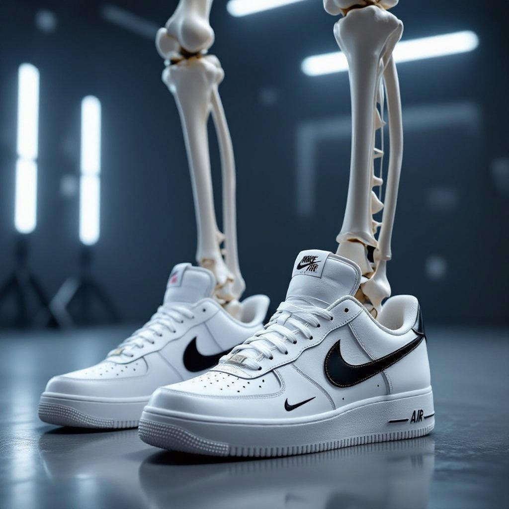 Corpo humano de osso com tênis da Nike no pé. Bem realista