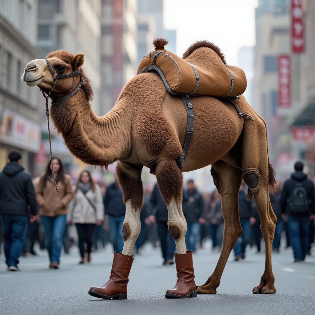 Camel refriger 2 human leg wear 2 boots in city