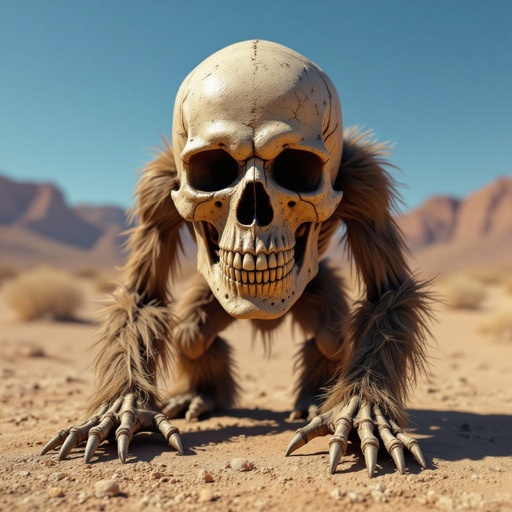 Skeleton head with big Foot legs in the desert