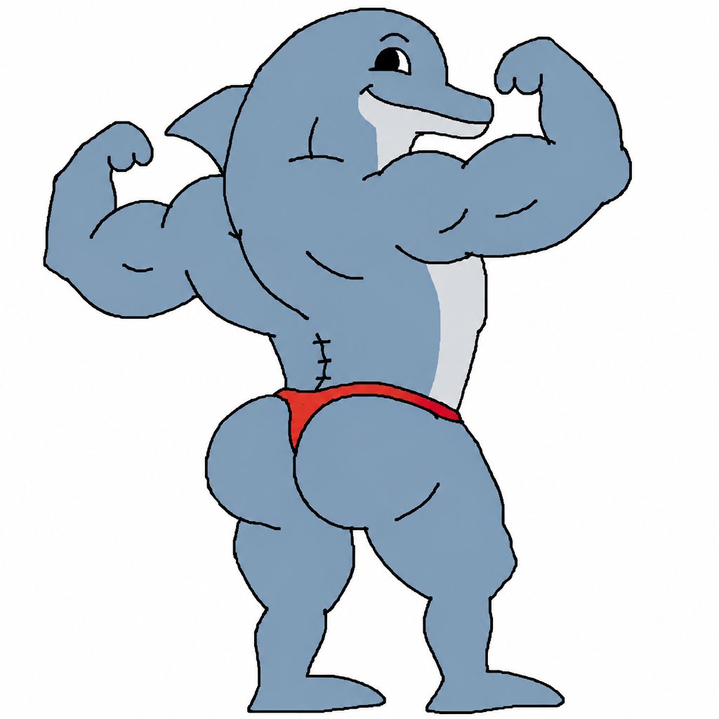 Cartoon blue shark flexing its muscles while wearing red underwear.
