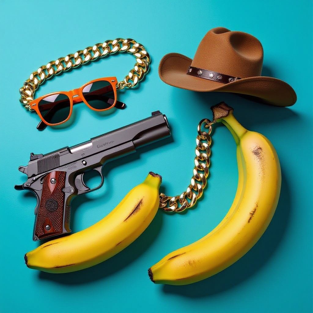A banana with a gun and sunglasses a cowboy hat and money chain in a backward hat