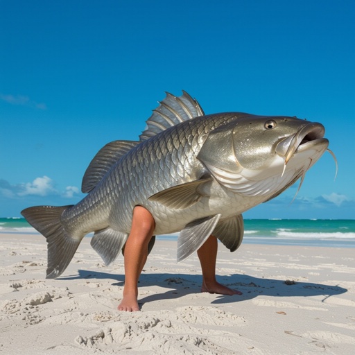 Cat fish body 4 human leg in beach