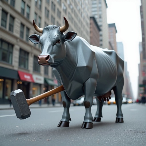 Cow with hammer body in city