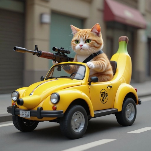 Persona con la faccia da gatto su un auto banana e con un mitragliatore in mano
