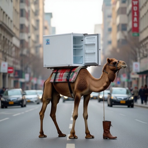 Camel refriger 2 human leg wear 2 boots in city