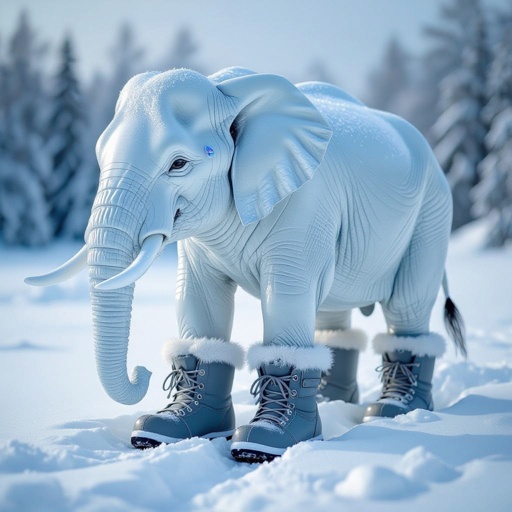 Elephant with ice body 2 snow boots in snow