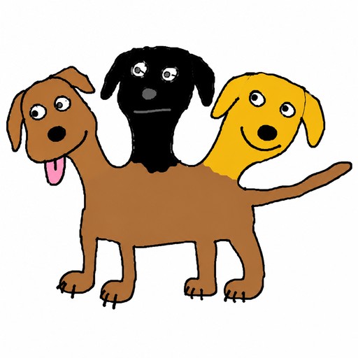Cartoon three-headed dog with brown, yellow, and black heads on white background