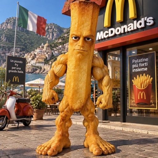 A cartoon potato figure stands outside a McDonald’s beside an Italian flag and scooter.