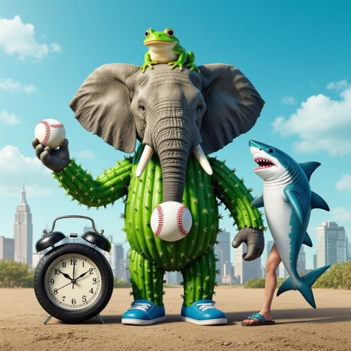 Elephant with cactus body with tire with frog head and shark head with human head 1 human arm with baseball 1 shark leg and human leg wear blue shoes and sandals with clock in city