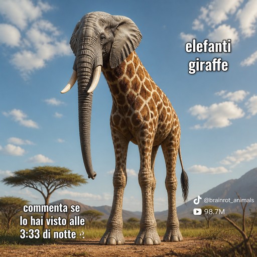 Surreal composite of an elephant-headed giraffe standing in a savanna landscape.