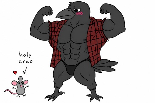 Cartoon muscular gray bird wearing red plaid, flexing beside a tiny pink character.