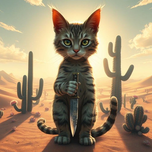 Crea un brainrot REALISTICO DI un gatto cin un coltello in mano in un deserto