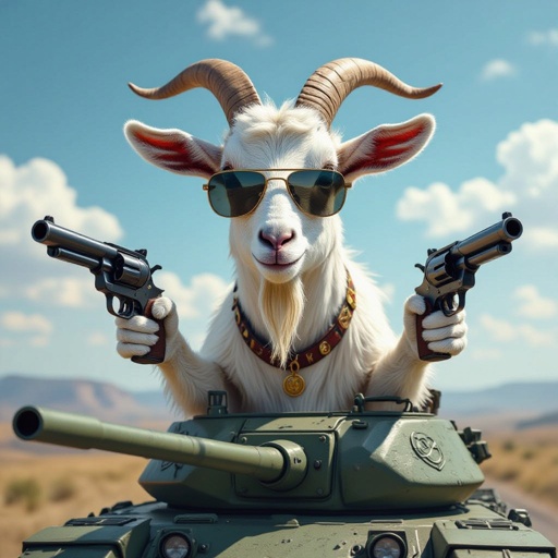 una capra con le revolver con gli occhiali da sole sopra un carro armato con la visuale in lontananza