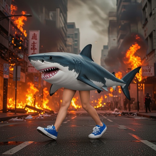 Shark with 3 human leg  wear blue shoes in city on fire