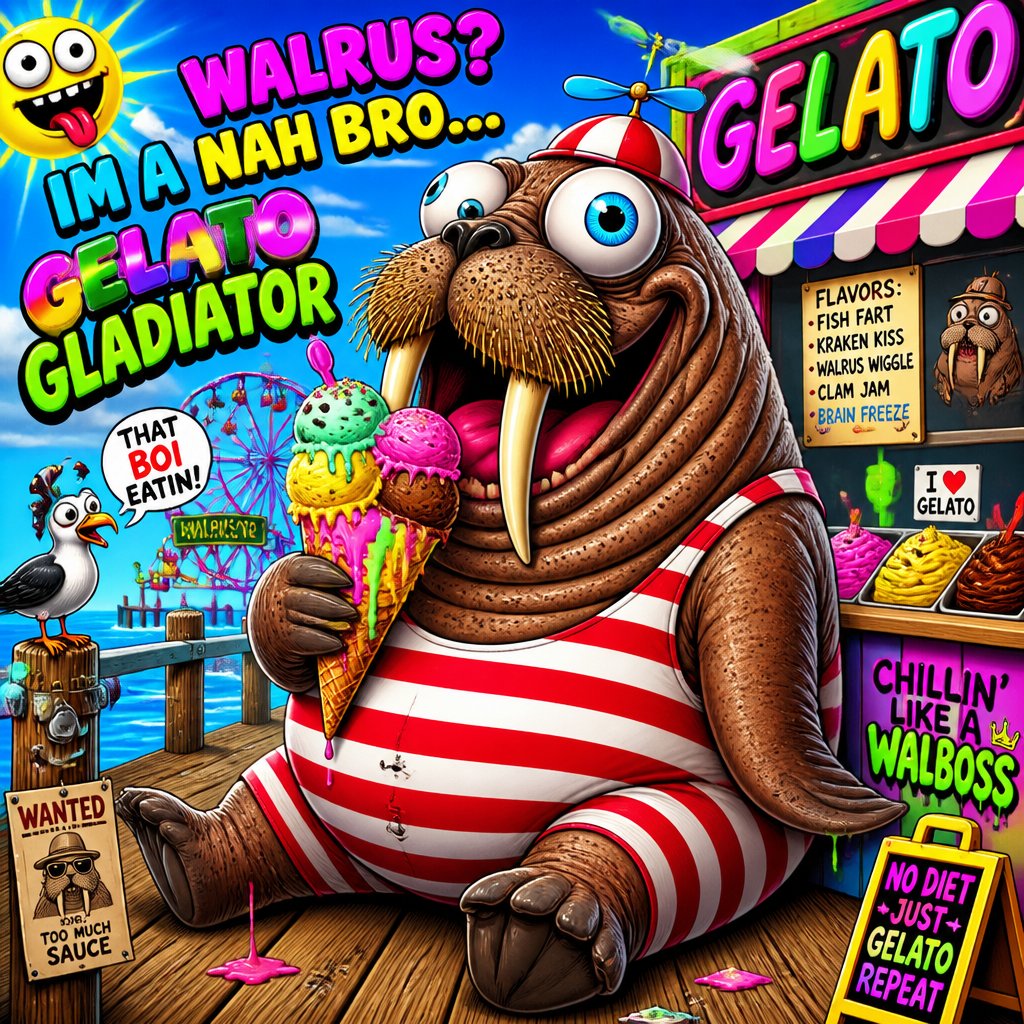 Colorful cartoon walrus holding gelato beside illustrated flavor signs and a dock.