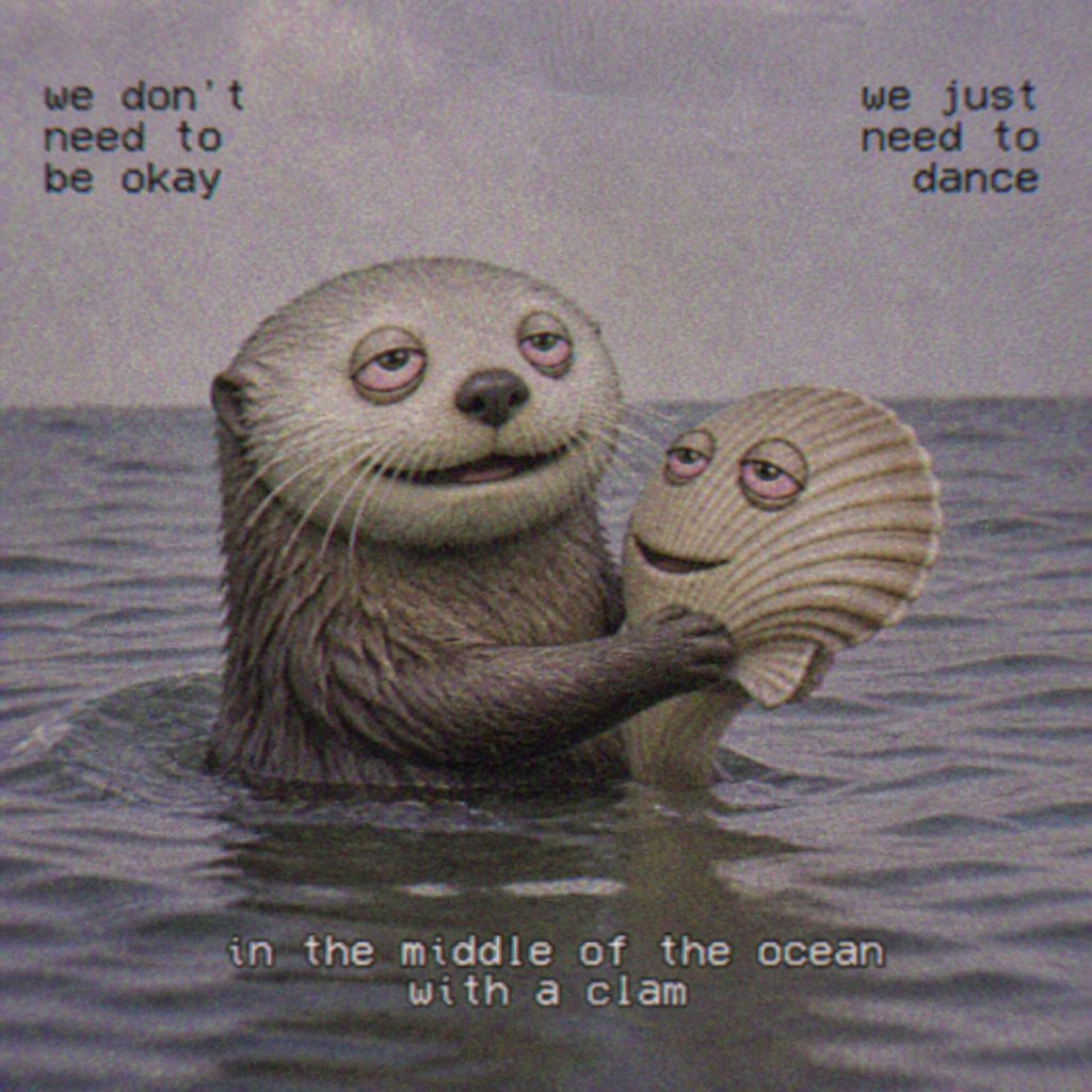 Two cartoon seals hug in the ocean beneath humorous text.