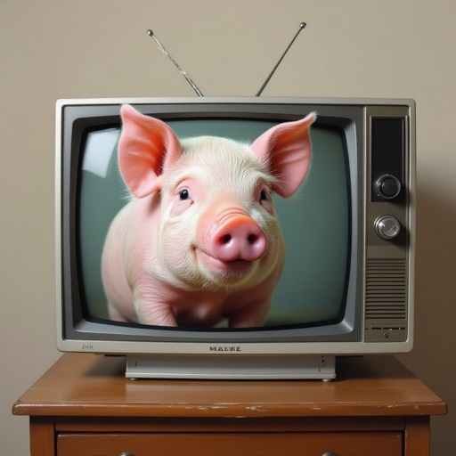 A pig marge with a TV