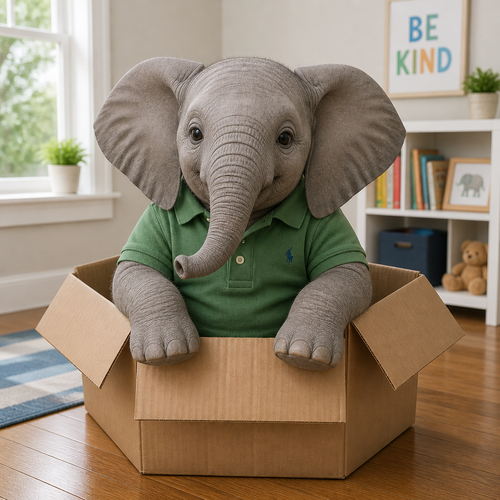 An elephant in a box wearing a polo shirt