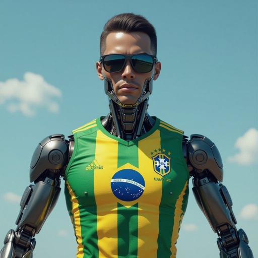 Uma arma humanoide com braços e pernas com a camisa do Brasil e um óculos escuro