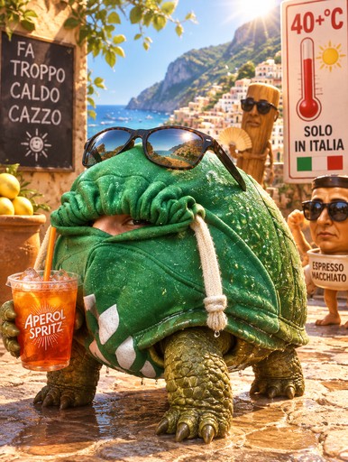 Surreal green turtle in sunglasses beside an orange drink at a sunny Italian beach