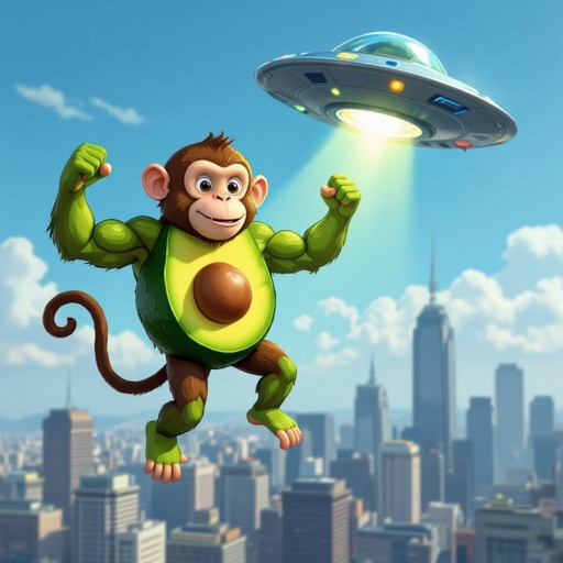 Monkey with avocado body 2 green muscle arm 2 green muscle leg with to ufo flying in sky in city
