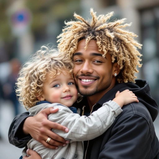 Fai shiva il rapper che abbraccia un bambino di 7 Anni Riccio capelli biondi lunghi fino al collo con gli occhi celesti e un Naso piccolo ma un po di gobba sopra